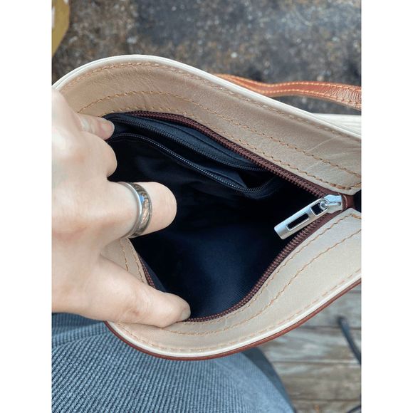 Vera Pelle Vintage Cream and Brown Leather Crossbody Bag, made in Italy - Picture 4 of 5